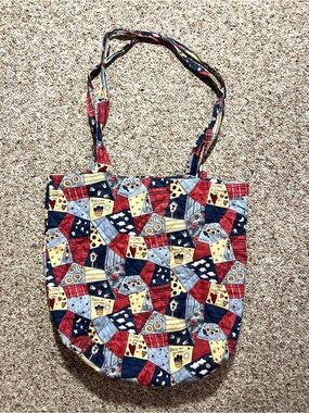 Handmade Quilted Patchwork Tote with Bag in Red, Navy & Yellow